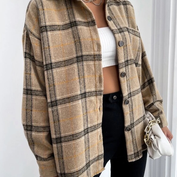 SOLD OUT Khaki Plaid Flannel Oversized Shacket Shirt Jacket - Picture 3 of 4